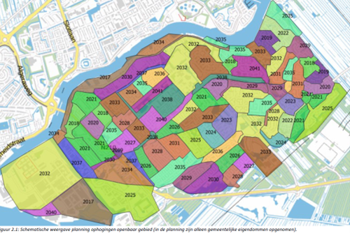 Een schematische weergave van de planning van de ophogingen van het openbaar gebied in onze gemeente.